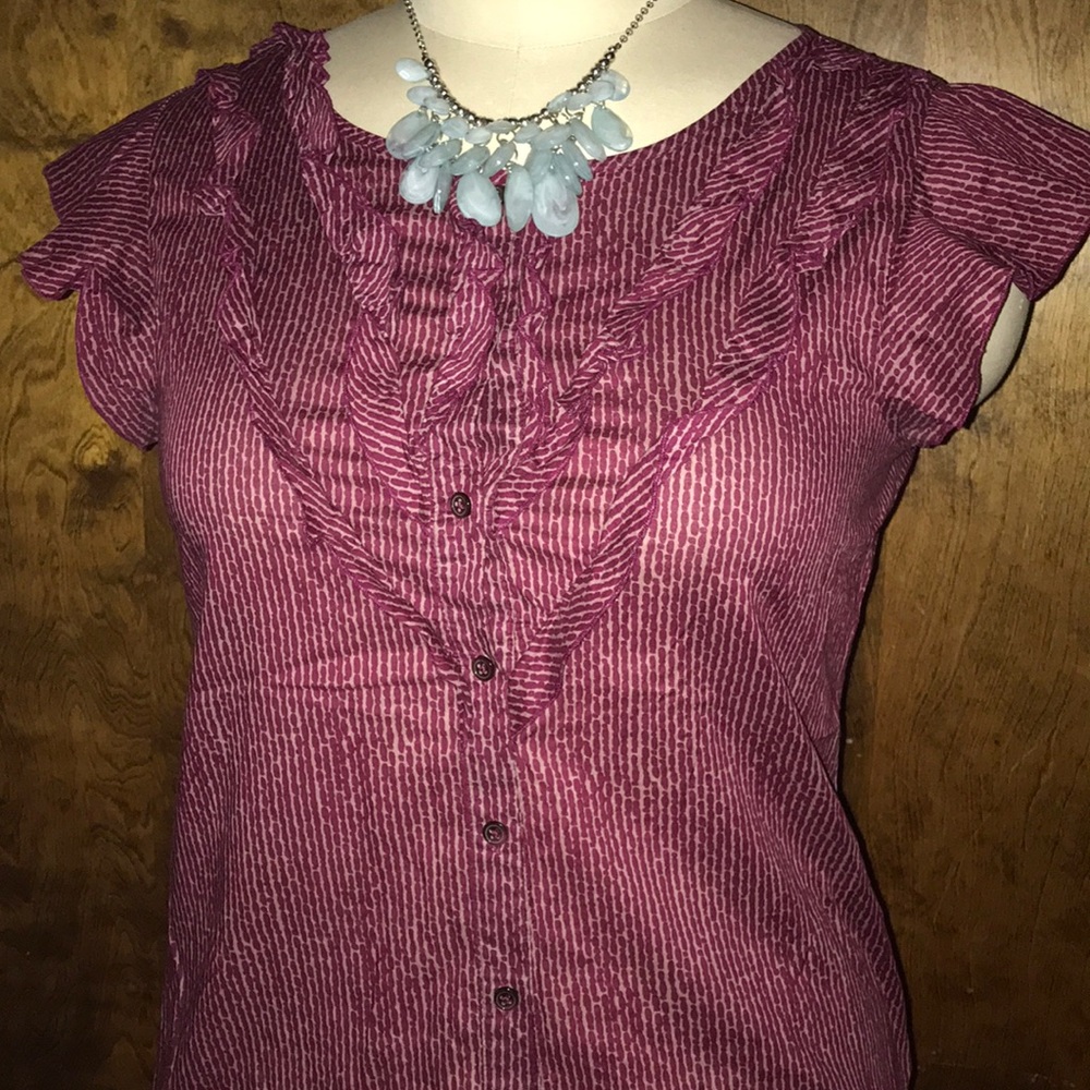 Burgundy and cream ruffle button down blouse.